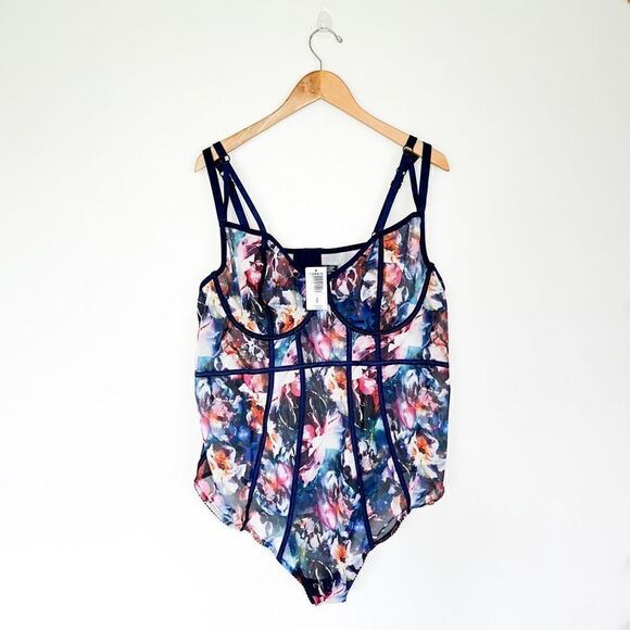 Torrid blue floral galaxy mesh piping bodysuit - Picture 2 of 8